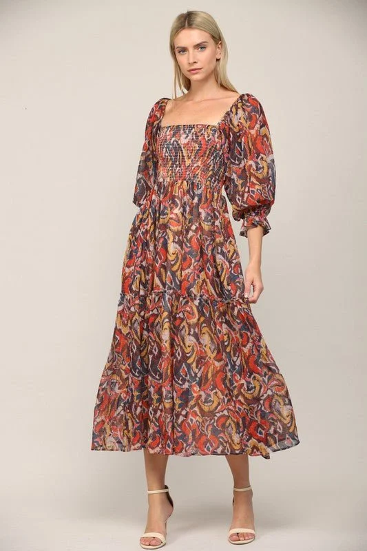 Deep Hues Ikat Smocked Maxi Dress Cozy Spaghetti Strap Maxi Dress