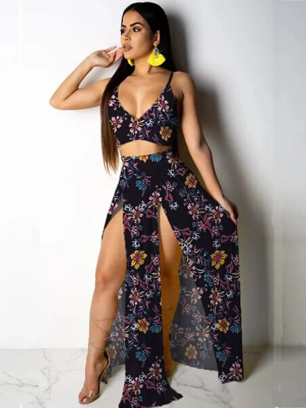 Deep V Neck High Split Maxi Dresses Skirt Set Fashionable Sleeveless Maxi Dress