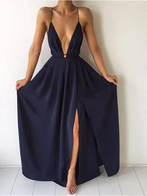 Deep V Neck Side Split Spaghetti Strap Maxi Dress Classic Solid Maxi Dress