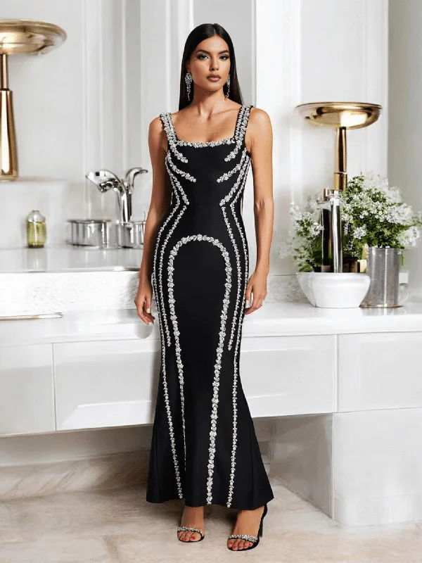 Diamante Bandage Maxi Dress Black Fashionable Printed Maxi Dress