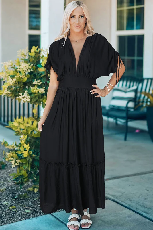 Drawstring Pleated Kimono Sleeve Ruffle Maxi Dress Elegant Sleeveless Maxi Dress