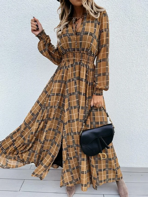 Elastic Waist Long Sleeve Maxi Dress Trendy V-Neck Maxi Dress