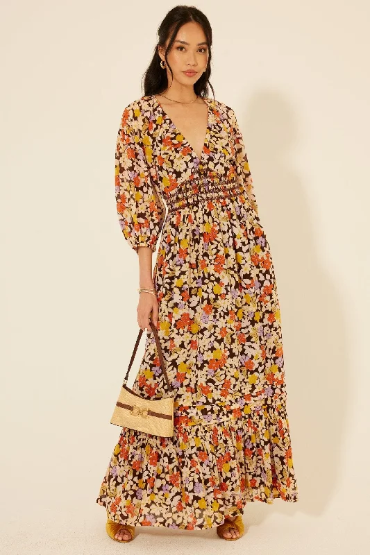 Fall Floral Smock Waist Maxi Dress Casual Maxi Dress with Pockets