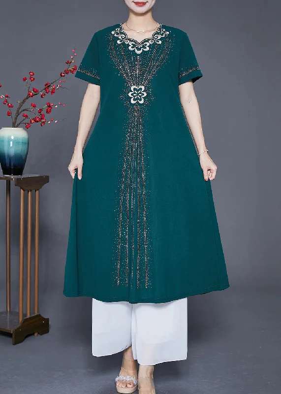 Fashion Blackish Green Embroideried Zircon Chiffon Maxi Dresses Summer Casual Maxi Dress with Pockets