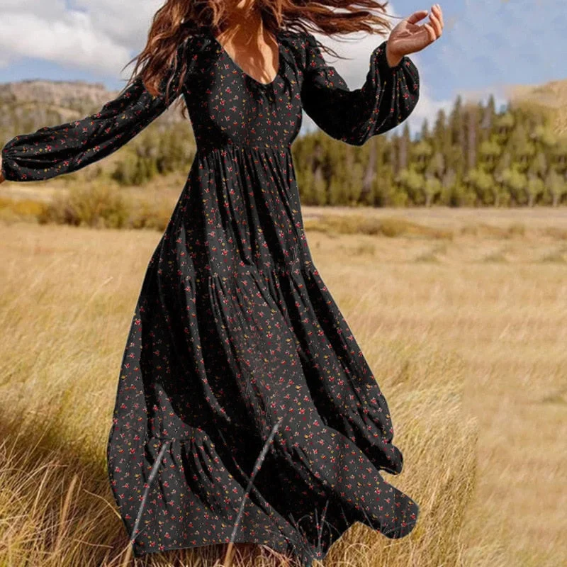 Floral Chiffon Fashion High Quality Maxi Dress Women V-Neck Boho Retro Holiday Leisure Long Sleeved Beach Temperament Lady Robe Fashionable Off-Shoulder Maxi Dress