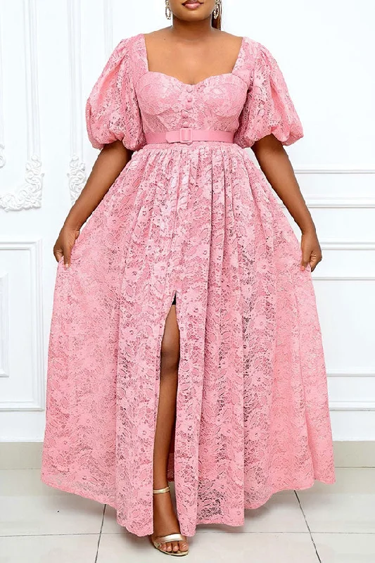 Floral Lace Stunning High Split Princess Maxi Dress Stylish Button-Up Maxi Dress