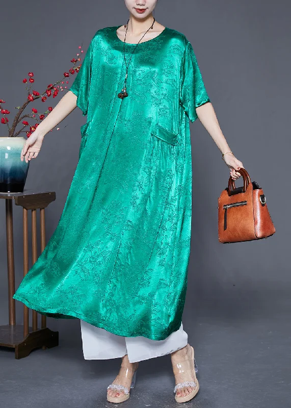 Fluorescent Green Silk Maxi Dresses O-Neck Pockets Summer Comfortable Maxi Dress with Slits