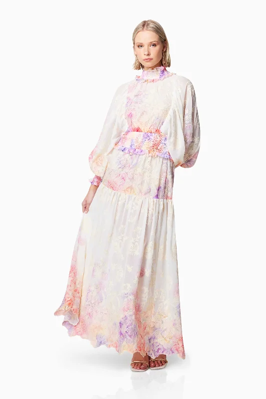 Grandeur Long Sleeved Maxi Dress In Pink Elegant Floral Maxi Dress