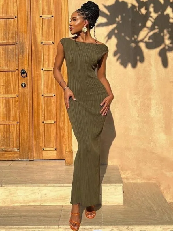 Green Knitted Dress for Women  Summer Sexy O-Neck Sleeveless Split Elegant Maxi Dress Club Party Outfits Casual Long Dress Elegant Maxi Dress with Belt