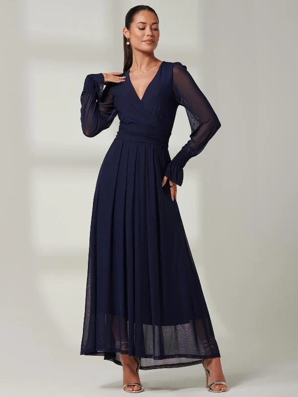 Blue Greta Long Sleeve Mesh Maxi Dress, Navy Fashionable Printed Maxi Dress