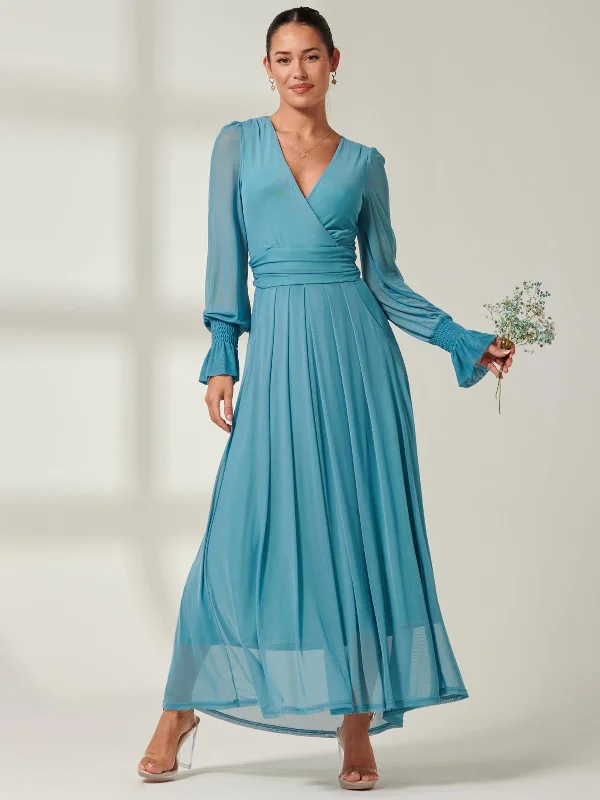 Greta Long Sleeve Mesh Maxi Dress, Teal Comfortable Fitted Maxi Dress