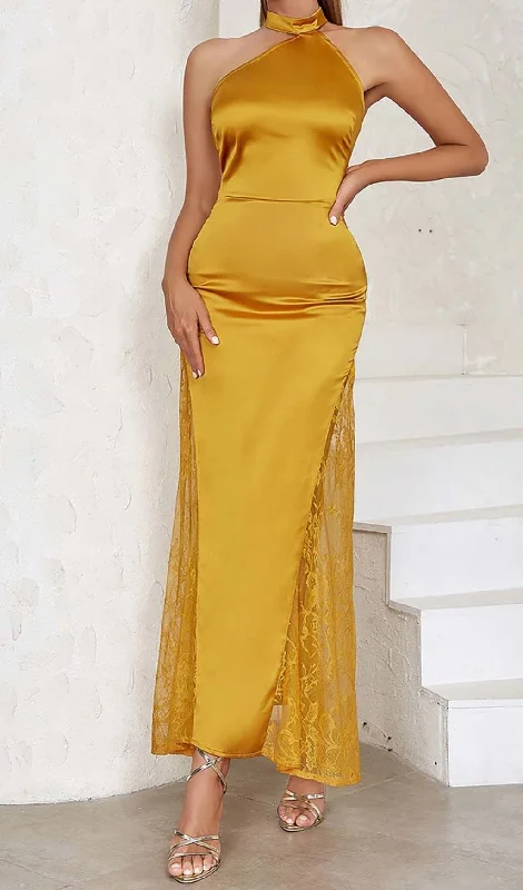 HALTER LACE SATIN MAXI DRESS IN MUSTARD Elegant Wraparound Maxi Dress