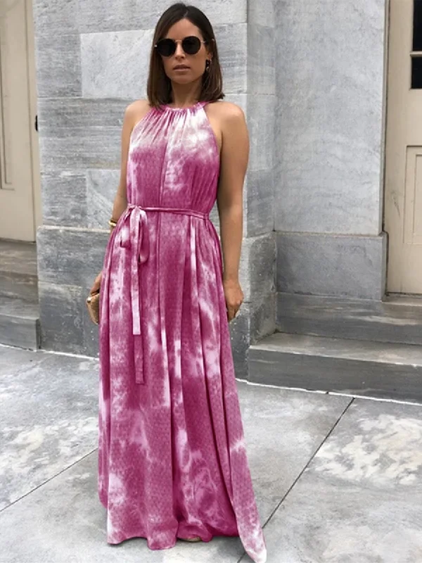 Halter Neck Sleeveless Casual Backless Maxi Dress with Belt Fashionable High-Low Maxi Dress
