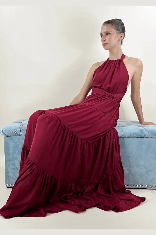 Hepburn Berry Red Halter Maxi Dress Stylish Boho Maxi Dress