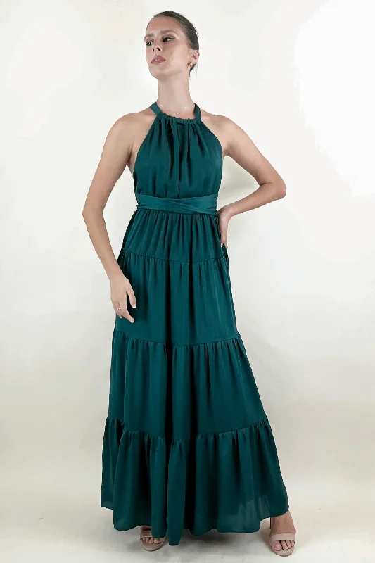 Hepburn Halter Hunter Green Maxi Dress Elegant Wraparound Maxi Dress