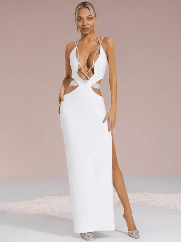 Hollow Out Crystal Design White Bandage Maxi Dress Comfortable Pleated Maxi Dress