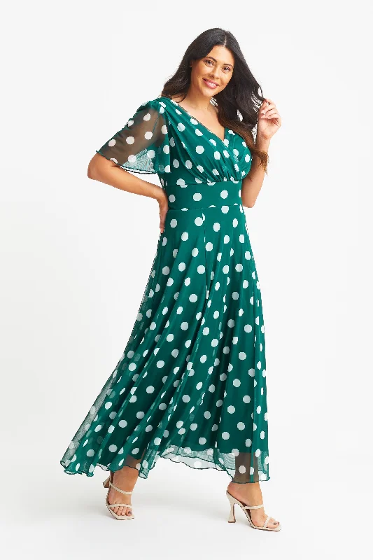Isabelle Bottle Green Lollidot Print Float Sleeve Maxi Dress Elegant Silk Maxi Dress