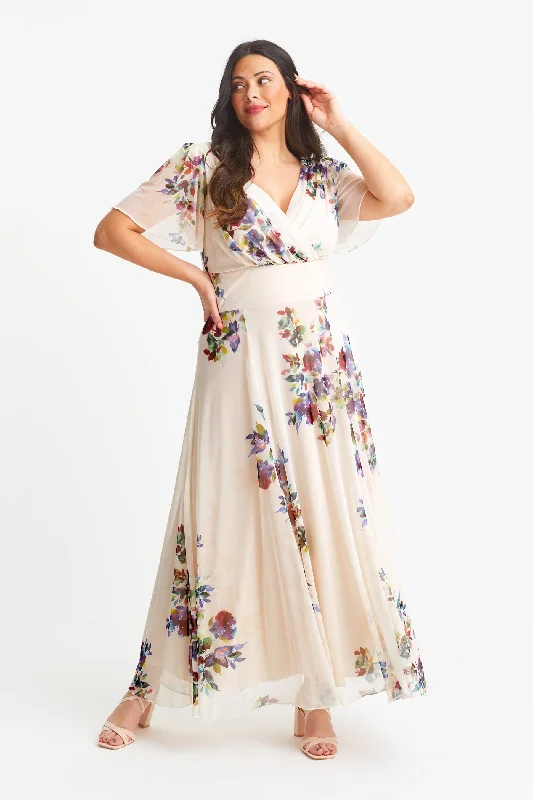 Isabelle Ivory Multi Float Sleeve Maxi Dress Elegant Maxi Dress with Belt