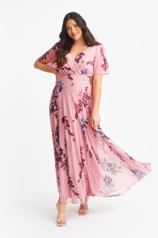 Isabelle Light Pink Float Sleeve Maxi Dress Fashionable Button-Down Maxi Dress