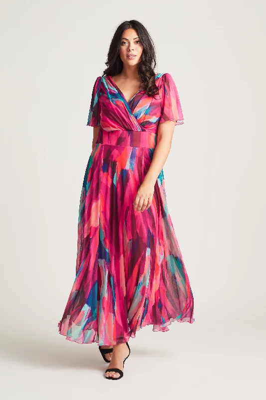 Isabelle Winter Pink Print Float Sleeve Maxi Dress Comfortable Ruffle Maxi Dress