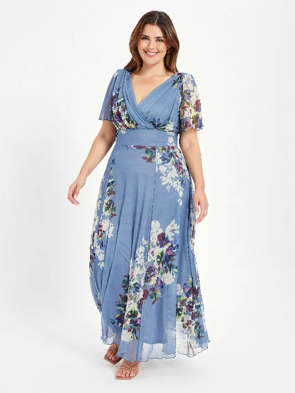 Isabelle Smoke Blue Print Float Sleeve Maxi Dress Elegant Maxi Dress with Drapes