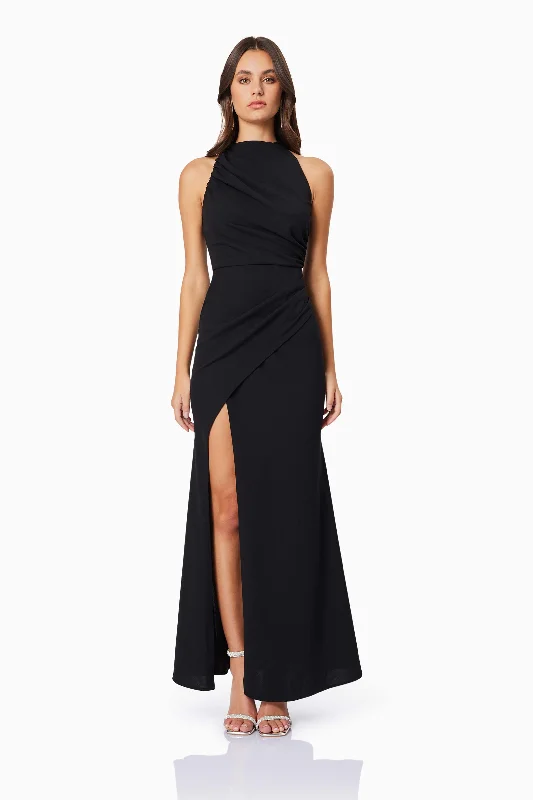 Jade High Neckline Fitted Maxi Dress In Black Classic Solid Maxi Dress