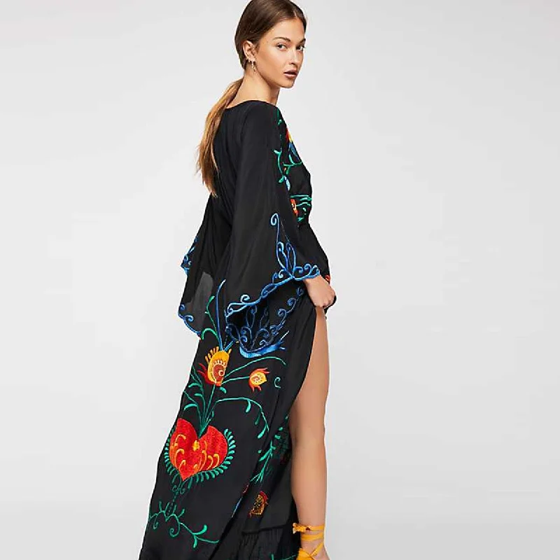 Embroidered Women Maxi Dress V-Neck Batwing Sleeve Loose Plus Size Summer Dresses Drawstring Waist Boho Beach Vestidos Trendy Floral Print Maxi Dress