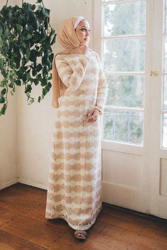 Kali Crochet Maxi Dress- Tan Stylish One-Shoulder Maxi Dress