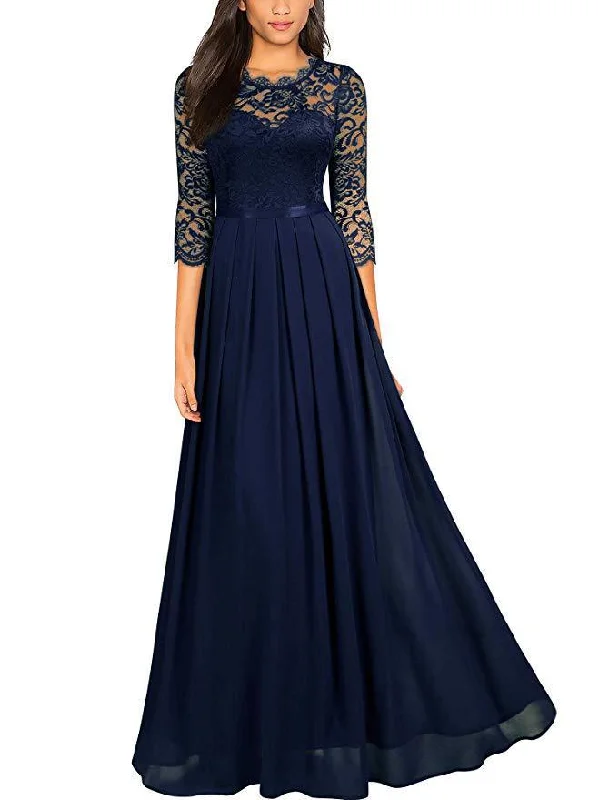 Lace Short Sleeve Round Neck Long Maxi Dress Elegant Maxi Dress with Belt