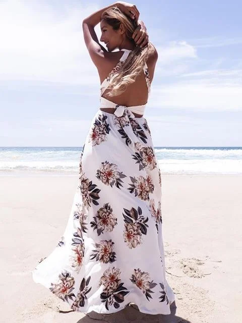 Large Flower Floral Lace-up Halter Chiffon Maxi Dress Elegant Sleeveless Maxi Dress