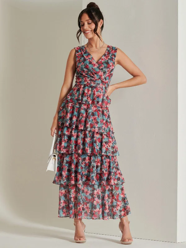 Layered Hem Mesh Maxi Dress, Pink Multi Elegant Wraparound Maxi Dress
