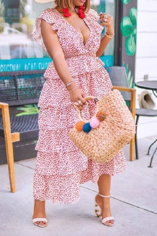 Leopard Print Deep V Neck Girly Layered Ruffles Maxi Dress Trendy Floral Print Maxi Dress