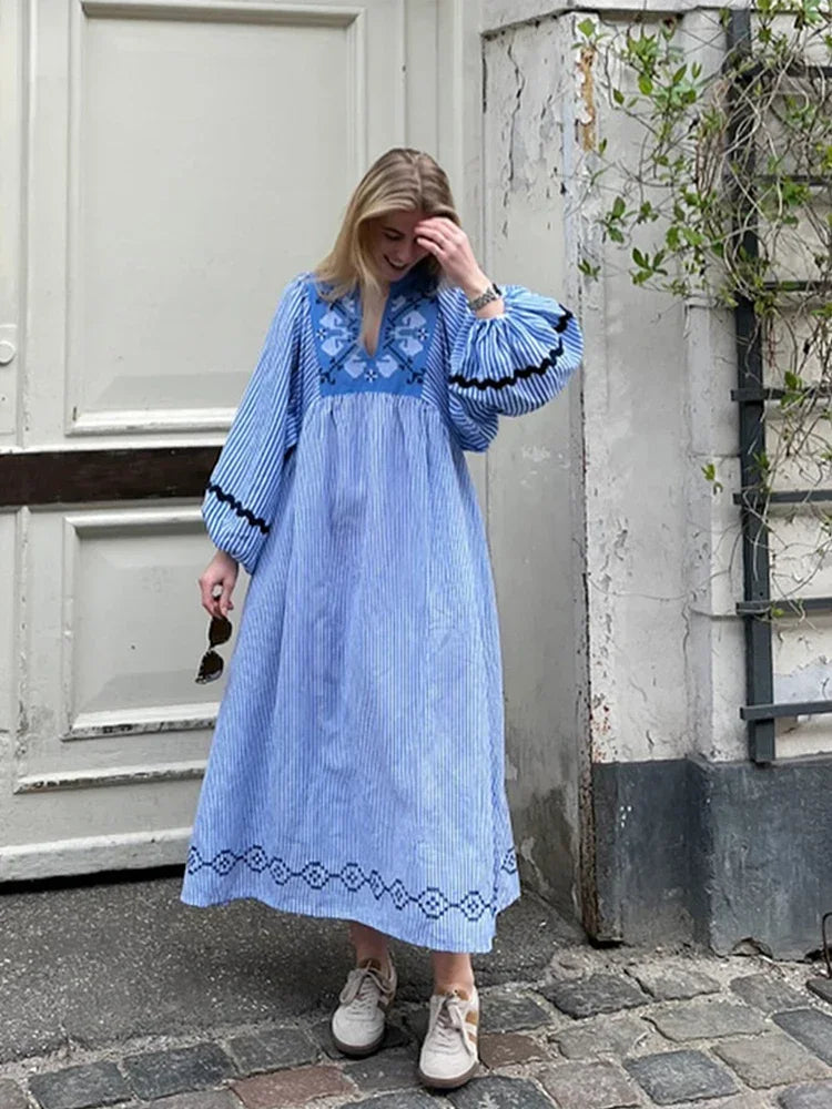 LIZAKOSHT  -  Chic Embroidered Patchwork Maxi Dress Women Stylish O-neck Striped Lantern Sleeves Long Dresses Female Summer Casual Ladies Robe Fashionable Halter Neck Maxi Dress