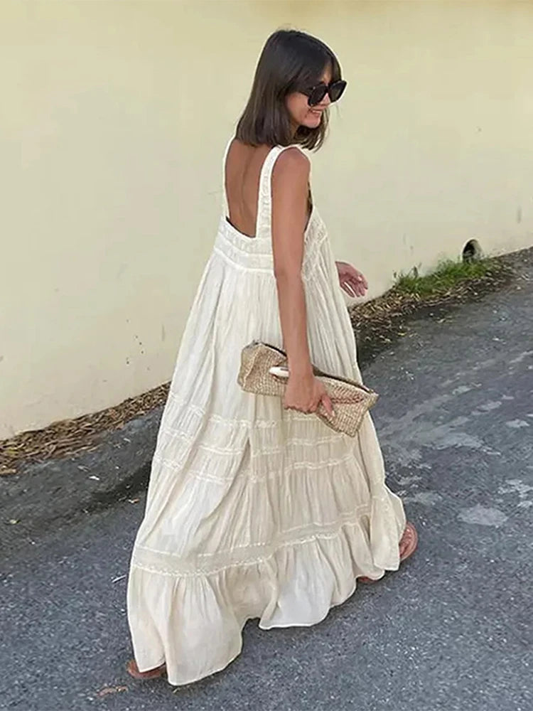 LIZAKOSHT  -  Elegant Lace Patchwork Sling Long Dress Women Chic Square Collar Sleeveless Backless Maxi Dresses Summer New Lady Beach Robe Trendy Satin Maxi Dress