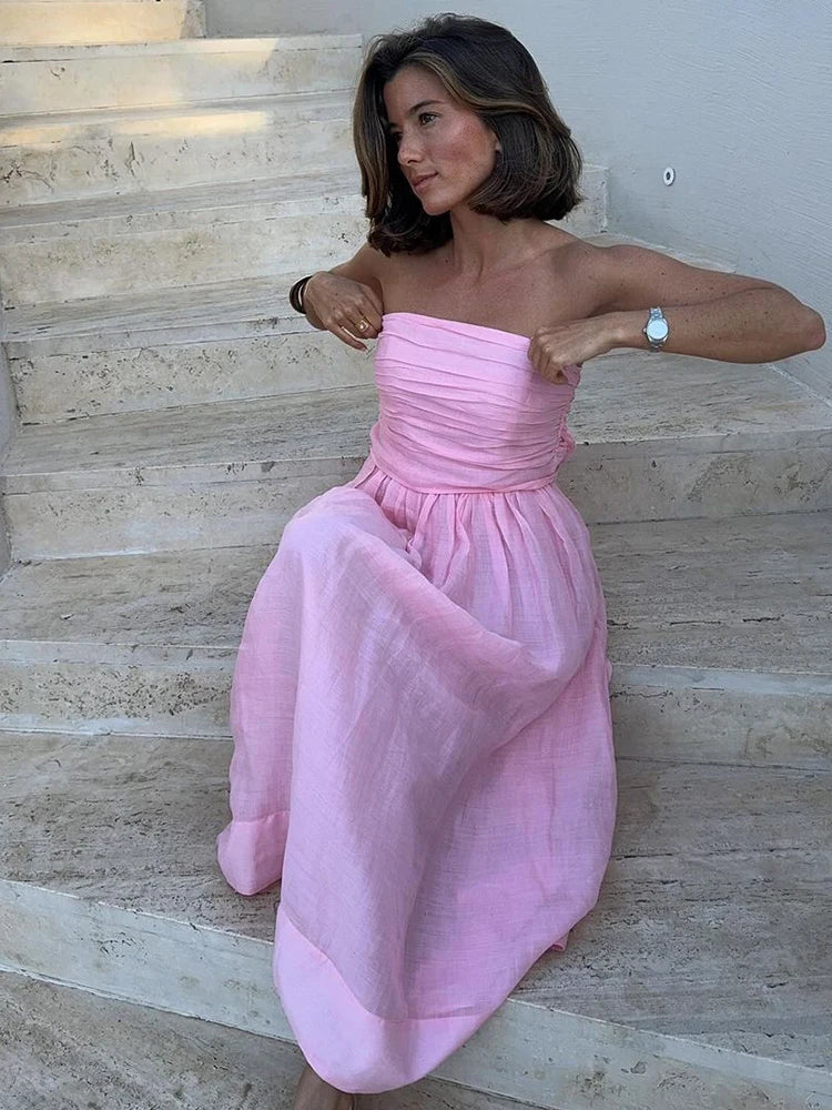 LIZAKOSHT  -  Elegant Pink Strapless Women Cotton Linen Maxi Dress Fashion Backless Sleeveless Pleated Dresses 2024 Sunner Lady Street Robes Trendy Fit-and-Flare Maxi Dress