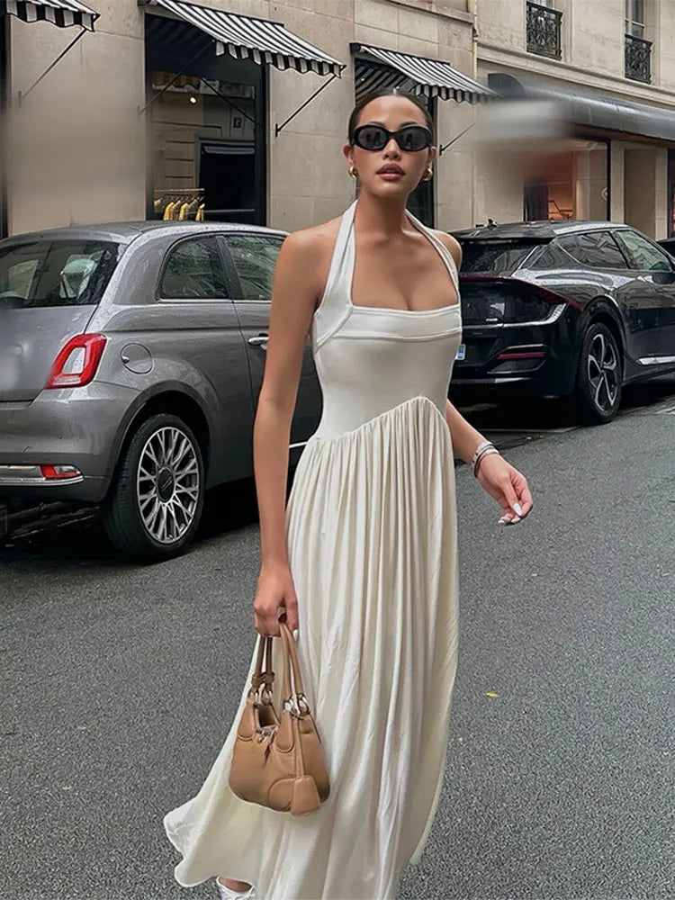 LIZAKOSHT  -  Elegant Solid Square Neck Women Halter Maxi Dress Fashion Backless Pleated Hem A-line Dresses 2024 Summer Lady Chic Party Robes Fashionable Button-Down Maxi Dress