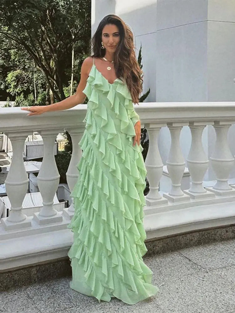 LIZAKOSHT  -  Fashion Green Women Sling Maxi Dress Elegant V-neck Sleeveless Slim Dresses 2024 Summer Female Chic Beach Vacation Robes Trendy Satin Maxi Dress
