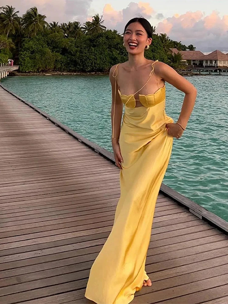 LIZAKOSHT  -  Satin Covering Halter Dress for Women Sexy Sleeveless Backless Female Maxi Dresses New Fashion Summer Beach Party Lady Robe Chic Boho Print Maxi Dress