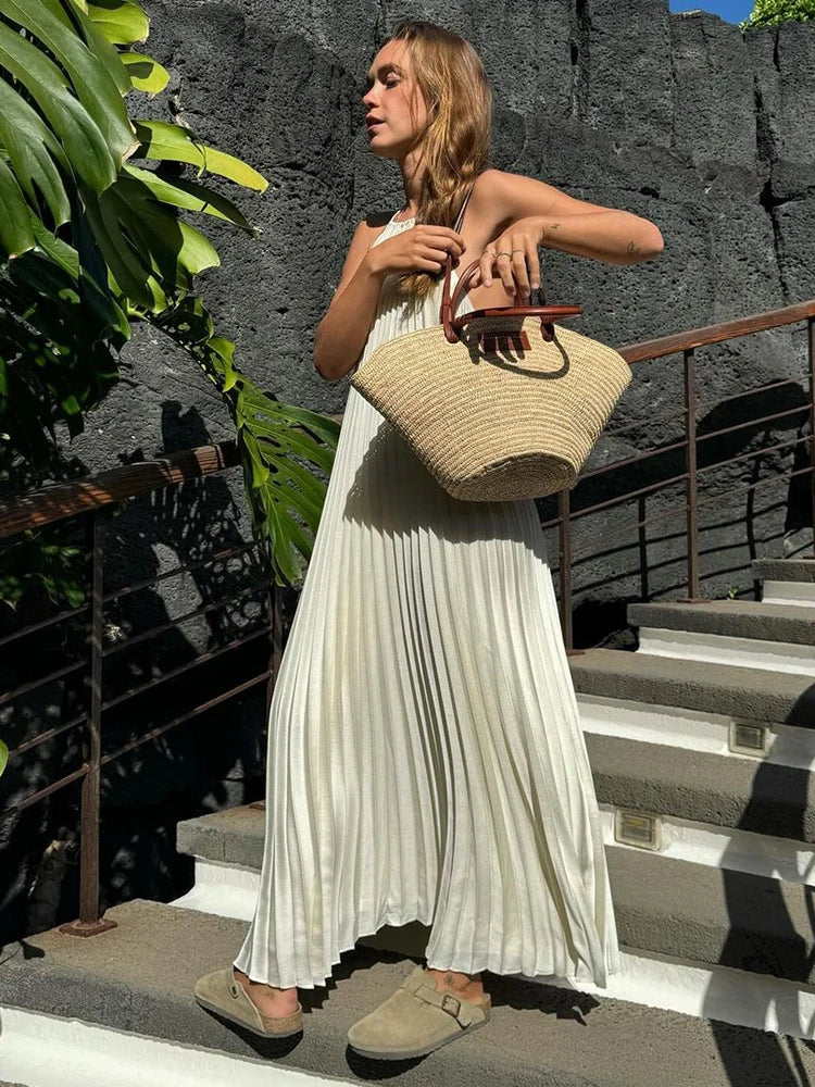LIZAKOSHT  -  Sexy Backless Women Pleated Halter Maxi Dress Fashion Loose Sleeveless Solid Dresses 2024 Summer Female Chic Vacation Robes Elegant Maxi Dress with Pockets