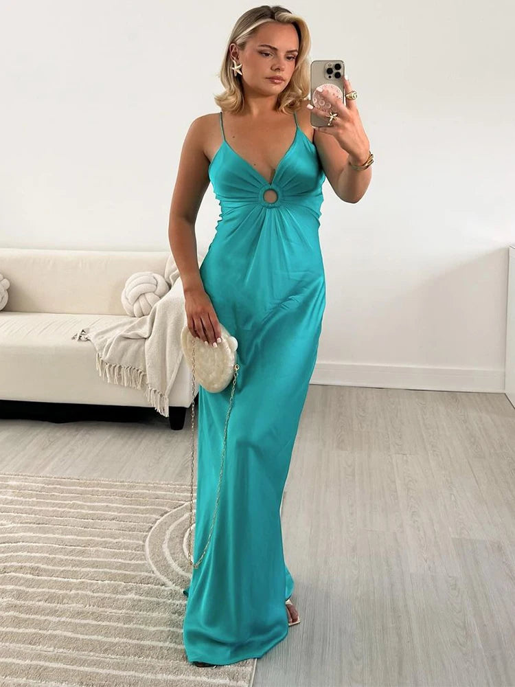 LIZAKOSHT  -  Sexy Deep V-neck Women Hollow Out Sling Dress Fashion Sleeveless Backless Slim Maxi Dresses 2024 Lady Solid Party Evening Robes Comfortable Long-Sleeve Maxi Dress