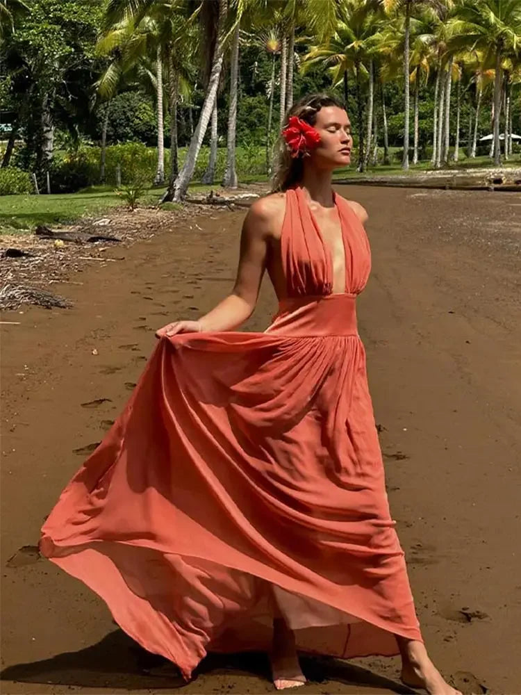 LIZAKOSHT  -  Sexy Pleated Deep V Halter Maxi Dress Women Elegant Backless Sleeveless Solid Long Dresses Fashion Lady Vacation Beach Vestidos Comfortable Long-Sleeve Maxi Dress