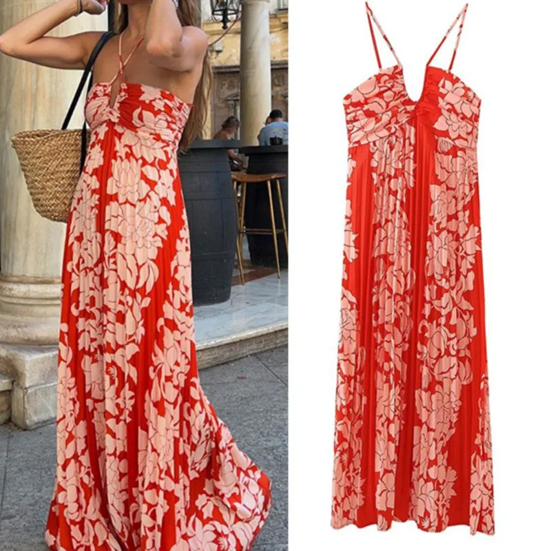 LIZAKOSHT  -  Sexy Printed Pleated Halter Maxi Dress Women Fashion Sleeveless Backless High Waist Dresses Summer Elegant Party Vacation Robe Comfortable Fitted Maxi Dress