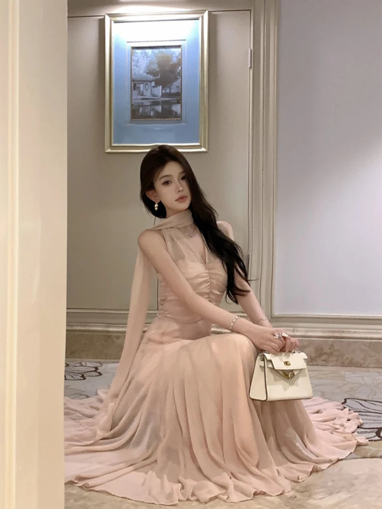 LIZAKOSHT  -  Summer Sleeveless Halter Maxi Dress Elegant Tight Waist V-neck Beach Dress Robes Temperament Party Backless Dresses Elegant Lace Maxi Dress
