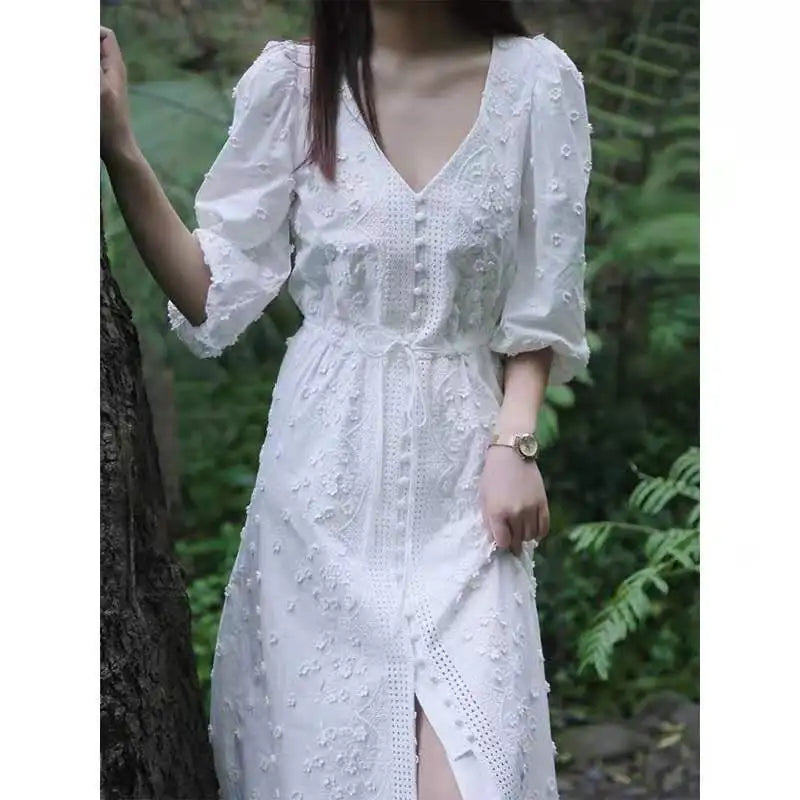 LIZAKOSHT  -  White Floral Embroidery Lace Dresses Women Robe Vintage Cotton V neck Autumn Maxi Dress Party Bohemian Vestidos Classic Tulle Maxi Dress