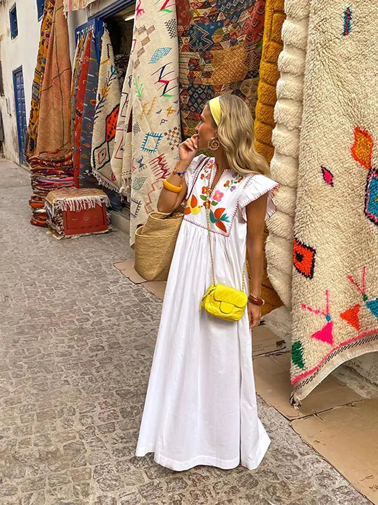 LIZAKOSHT  -  White Printed Patchwork Long Dress For Women Fashion Flying Sleeve Loose Robes 2024 Summer Fashion Ladies Holiday Maxi Dresses Classic V-Neck Maxi Dress