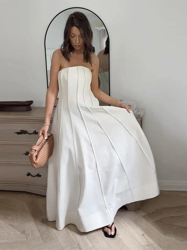 LIZAKOSHT  -  Women Elegant Strapless Patchwork Maxi Dress Fashion Backless Sleeveless Pleated Slim A-line Dresses Summer Lady Party Robe 2024 Comfortable Long-Sleeve Maxi Dress