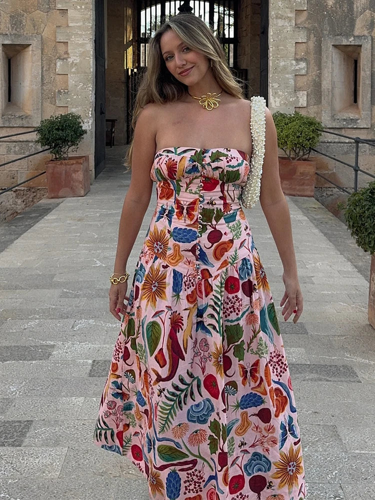 LIZAKOSHT  -  Women Elegant Strapless Printed Maxi Dress Fashion Backless Sleeveless Pleated A-line Dresses 2024 Summer Lady Chic Street Robes Trendy Fit-and-Flare Maxi Dress
