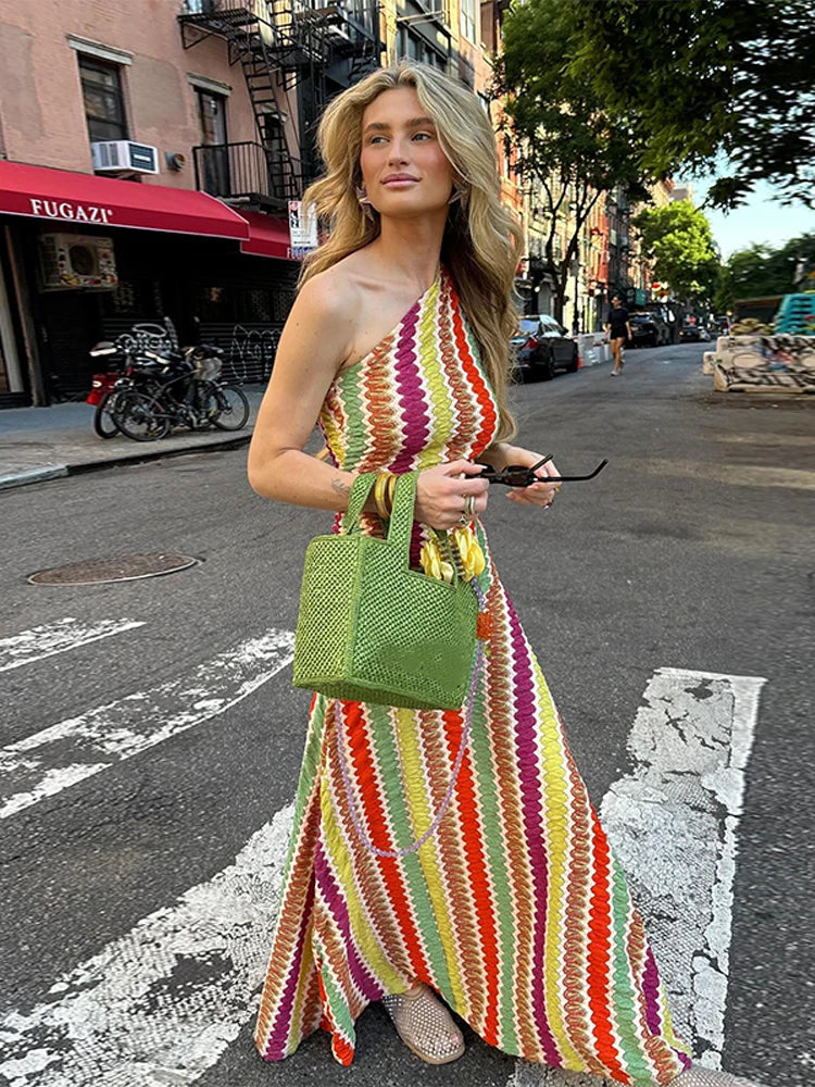 LIZAKOSHT  -  Women Sexy One Shoulder Sleeveless Colorful Maxi Dress Fashion Slim Irregular Dresses 2024 Summer Lady Chic Beach Vacation Robes Stylish A-Line Maxi Dress