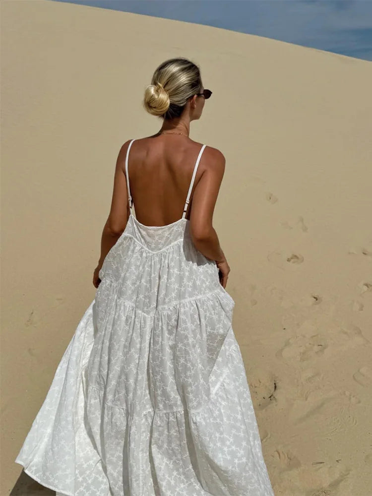 LIZAKOSHT  -  Women Solid Flower Embroidery Sling Maxi Dress Fashion Sleeveless Backless Dresses 2024 Summer Lady Beach Vacation Robes Fashionable Off-Shoulder Maxi Dress
