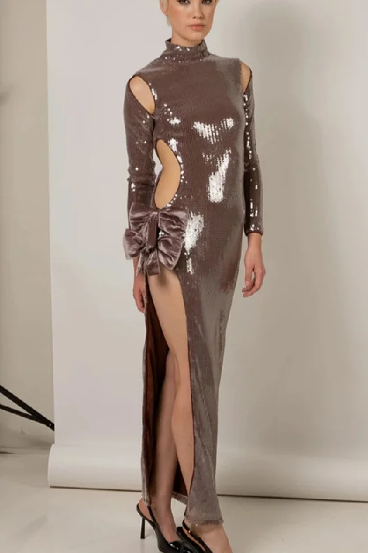 Long Sleeve Bow Detail Sequin Maxi Dress Comfortable Cotton Maxi Dress